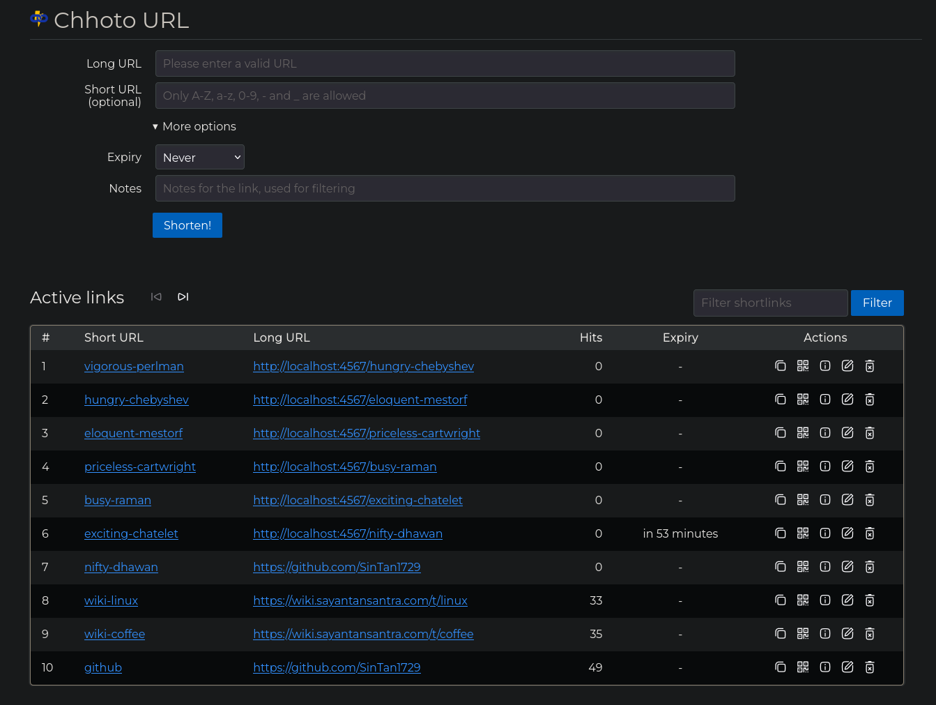 Chhoto URL desktop interface